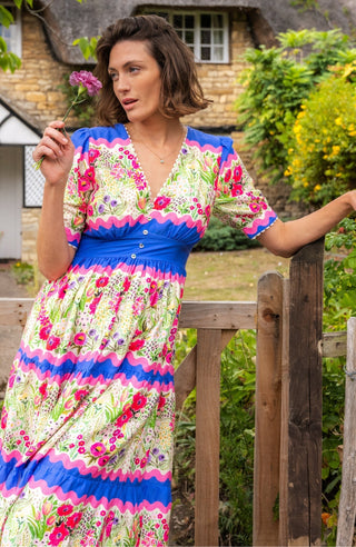 Hope & Ivy V - Neck Full Skirt Tea Dress Blue Pink The Jo - MMJs Fashion