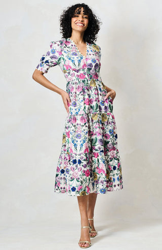 Hope & Ivy V - Neck Full Skirt Tea Dress White Pink The Sonnet - MMJs Fashion