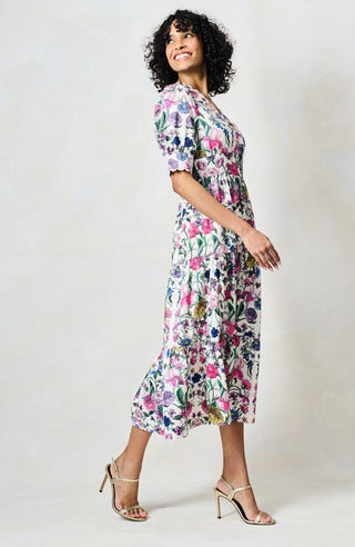 Hope & Ivy V - Neck Full Skirt Tea Dress White Pink The Sonnet - MMJs Fashion