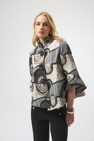 Joseph Ribkoff Abstract Jacquard Trapeze Jacket Black Grey - MMJs Fashion