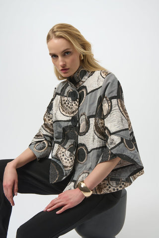 Joseph Ribkoff Abstract Jacquard Trapeze Jacket Black Grey - MMJs Fashion