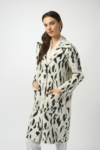 Joseph Ribkoff Animal Print Faux Fur Trim Coat Ivory Black - MMJs Fashion