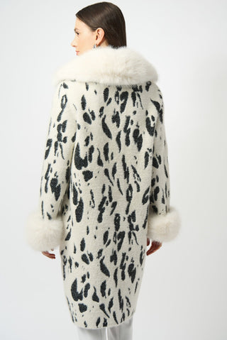 Joseph Ribkoff Animal Print Faux Fur Trim Coat Ivory Black - MMJs Fashion