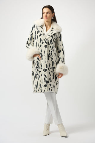 Joseph Ribkoff Animal Print Faux Fur Trim Coat Ivory Black - MMJs Fashion