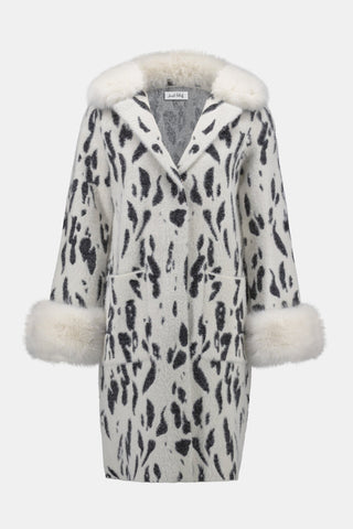 Joseph Ribkoff Animal Print Faux Fur Trim Coat Ivory Black - MMJs Fashion