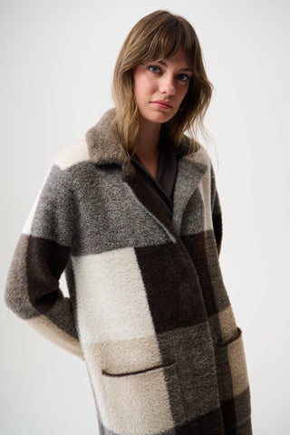 Joseph Ribkoff Check Print Sweater Coat Brown Grey - MMJs Fashion