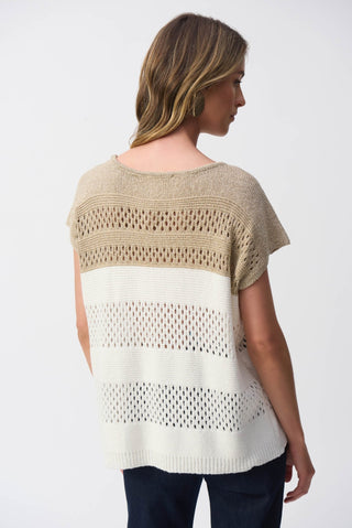 Joseph Ribkoff Colour Block Metallic Sweater Knit Top Ivory Gold - MMJs Fashion