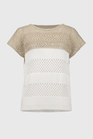 Joseph Ribkoff Colour Block Metallic Sweater Knit Top Ivory Gold - MMJs Fashion