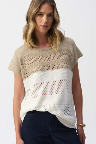 Joseph Ribkoff Colour Block Metallic Sweater Knit Top Ivory Gold - MMJs Fashion