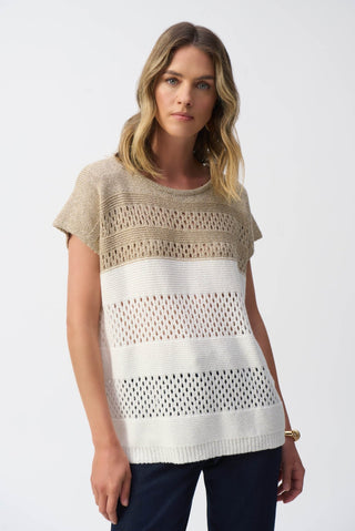 Joseph Ribkoff Colour Block Metallic Sweater Knit Top Ivory Gold - MMJs Fashion