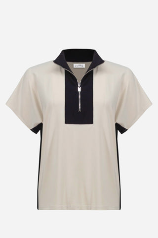 Joseph Ribkoff Colour Block Zipped Neck Top Beige - MMJs Fashion