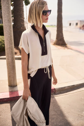 Joseph Ribkoff Colour Block Zipped Neck Top Beige - MMJs Fashion