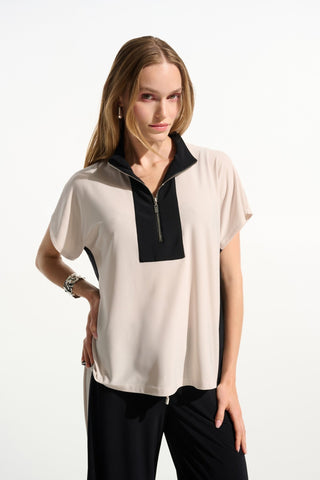 Joseph Ribkoff Colour Block Zipped Neck Top Beige - MMJs Fashion