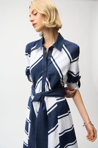 Joseph Ribkoff Cotton Stripe Shirt Dress Blue White - MMJs Fashion