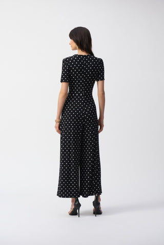 Joseph Ribkoff Dot Print Wrap Culotte Jumpsuit Black Ivory - MMJs Fashion