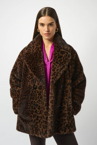 Joseph Ribkoff Faux Fur Leopard Print Coat Brown - MMJs Fashion