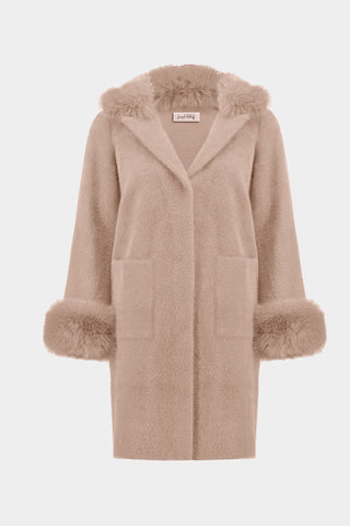 Joseph Ribkoff Faux Fur Trim Sweater Coat Pink - MMJs Fashion