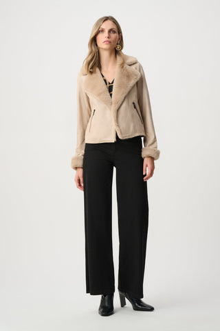 Joseph Ribkoff Faux Suede & Fur Collar Jacket Beige - MMJs Fashion