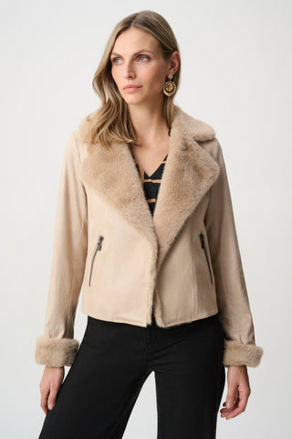 Joseph Ribkoff Faux Suede & Fur Collar Jacket Beige - MMJs Fashion