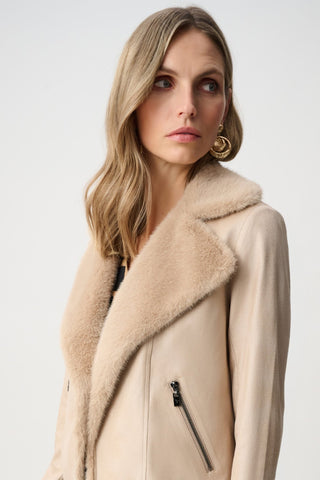 Joseph Ribkoff Faux Suede & Fur Collar Jacket Beige - MMJs Fashion