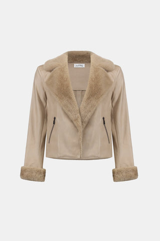 Joseph Ribkoff Faux Suede & Fur Collar Jacket Beige - MMJs Fashion