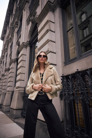 Joseph Ribkoff Faux Suede & Fur Collar Jacket Beige - MMJs Fashion
