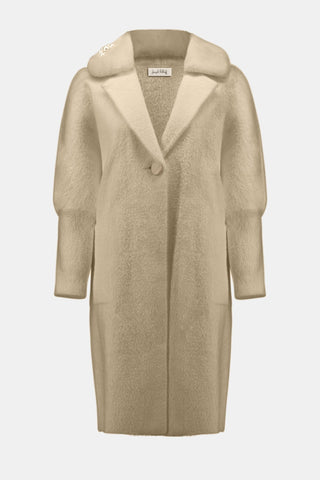 Joseph Ribkoff Feather Yarn and Faux Fur Coat Beige - MMJs Fashion