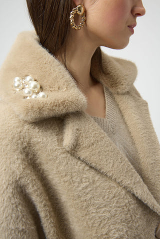 Joseph Ribkoff Feather Yarn and Faux Fur Coat Beige - MMJs Fashion