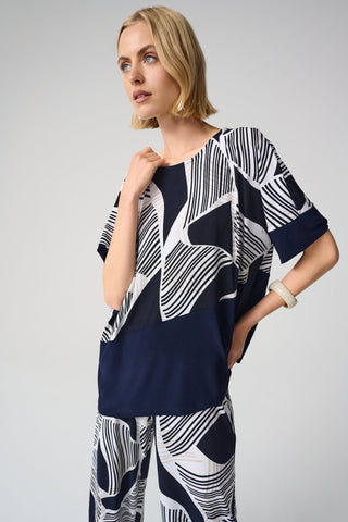 Joseph Ribkoff Geometric Print Asymmetrical Top Navy - MMJs Fashion