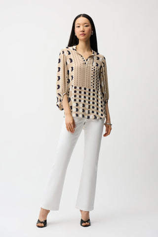 Joseph Ribkoff Georgette Dot Print Boxy Tunic Beige - MMJs Fashion