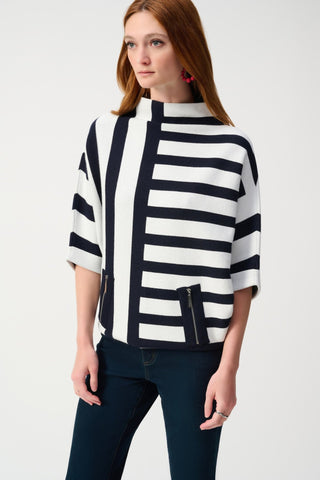 Joseph Ribkoff Jacquard Striped Jumper Navy Blue Ivory - MMJs Fashion