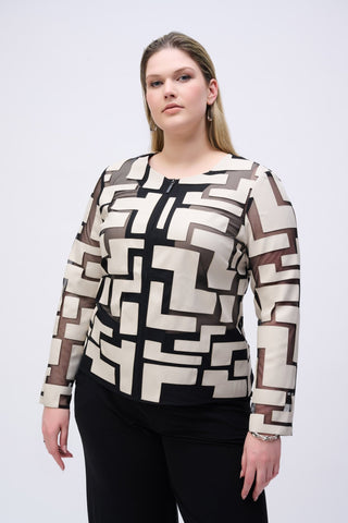 Joseph Ribkoff Mesh and Leatherette Fitted Jacket Ivory Black - MMJs Fashion