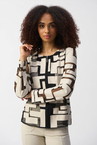 Joseph Ribkoff Mesh and Leatherette Fitted Jacket Ivory Black - MMJs Fashion