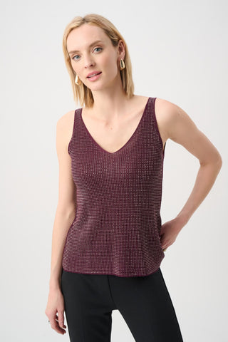 Joseph Ribkoff Metallic Knitted Camisole Top with Rhinestones Elderberry - MMJs Fashion