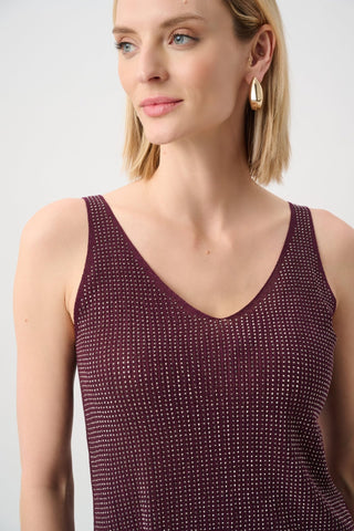 Joseph Ribkoff Metallic Knitted Camisole Top with Rhinestones Elderberry - MMJs Fashion