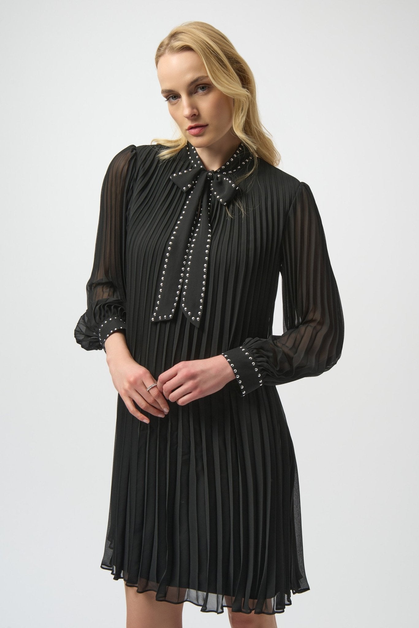 Joseph Ribkoff Pleated Chiffon A-Line Dress Black MMJs Fashion Joseph Ribkoff Pleated Chiffon A-Line Dress Black MMJs Fashion