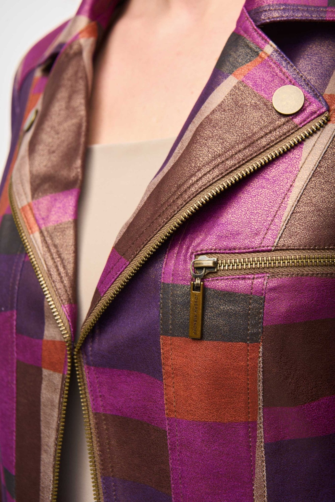 Joseph Ribkoff Foiled Faux Suede Jacket Purple Pink Brown MMJs Fashion