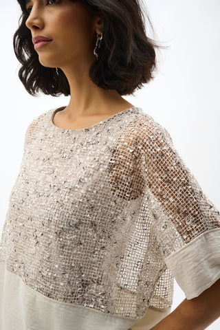 Joseph Ribkoff Sequin Mesh and Gauze Boxy Top Moonstone - MMJs Fashion