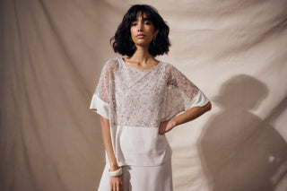 Joseph Ribkoff Sequin Mesh and Gauze Boxy Top Moonstone - MMJs Fashion