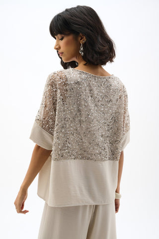 Joseph Ribkoff Sequin Mesh and Gauze Boxy Top Moonstone - MMJs Fashion