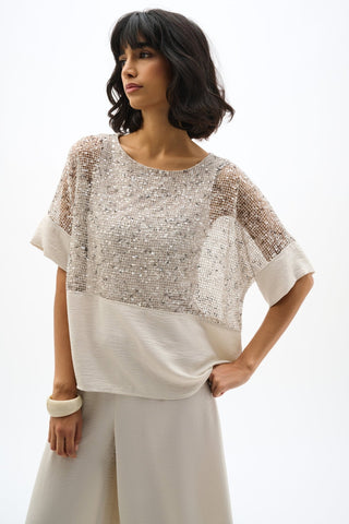 Joseph Ribkoff Sequin Mesh and Gauze Boxy Top Moonstone - MMJs Fashion