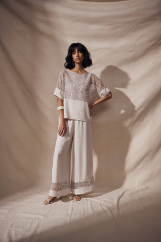 Joseph Ribkoff Sequin Mesh and Gauze Boxy Top Moonstone - MMJs Fashion