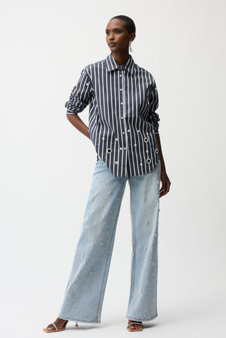 Joseph Ribkoff Striped Boxy Blouse with Rhinestones Navy - MMJs Fashion