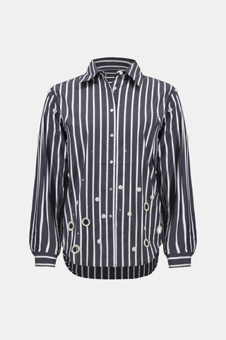 Joseph Ribkoff Striped Boxy Blouse with Rhinestones Navy - MMJs Fashion