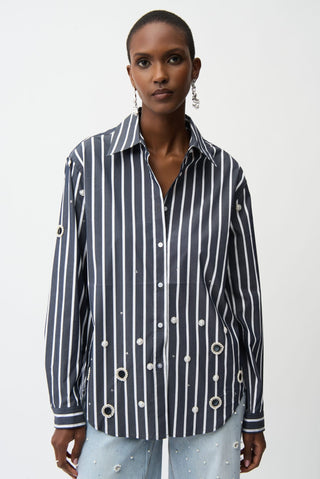 Joseph Ribkoff Striped Boxy Blouse with Rhinestones Navy - MMJs Fashion