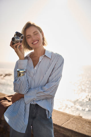 Joseph Ribkoff Studded Stripe Boxy Blouse Blue - MMJs Fashion