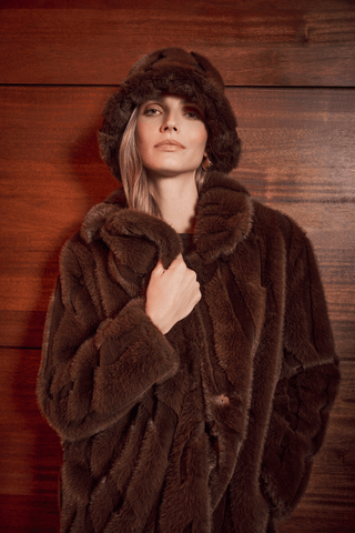 Joseph Ribkoff Textured Faux Fur Notch Collar Coat Brown - MMJs Fashion