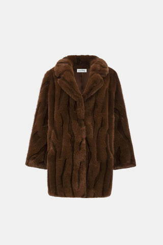 Joseph Ribkoff Textured Faux Fur Notch Collar Coat Brown - MMJs Fashion