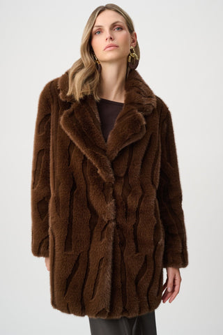 Joseph Ribkoff Textured Faux Fur Notch Collar Coat Brown - MMJs Fashion