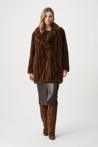 Joseph Ribkoff Textured Faux Fur Notch Collar Coat Brown - MMJs Fashion
